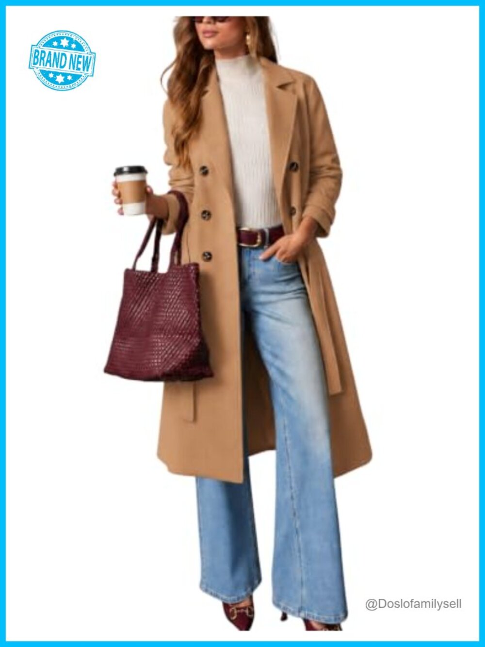 Wool Blend Pea Coat Winter Long Trench Coat Belted